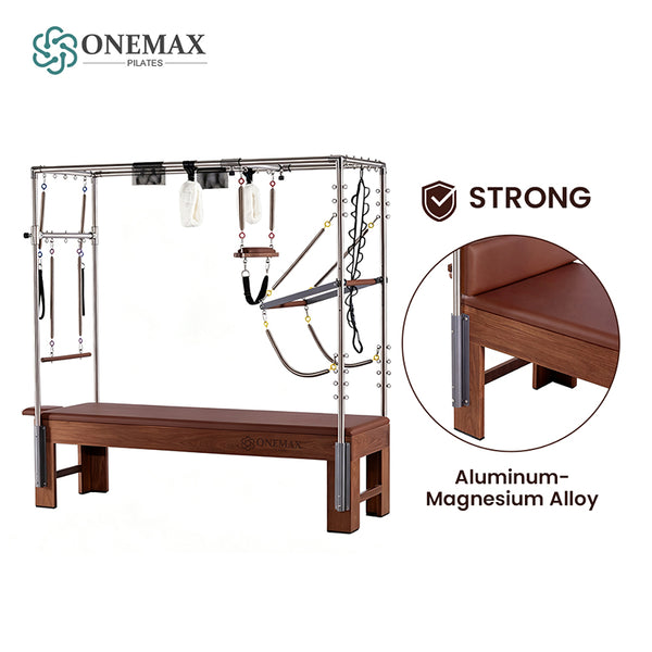 ONEMAX REFORMER Solid North American Walnut Wood Pilates Cadillac Trapeze Table, Commercial & Home Studio Cadillac Bed with Stainless Steel Tower