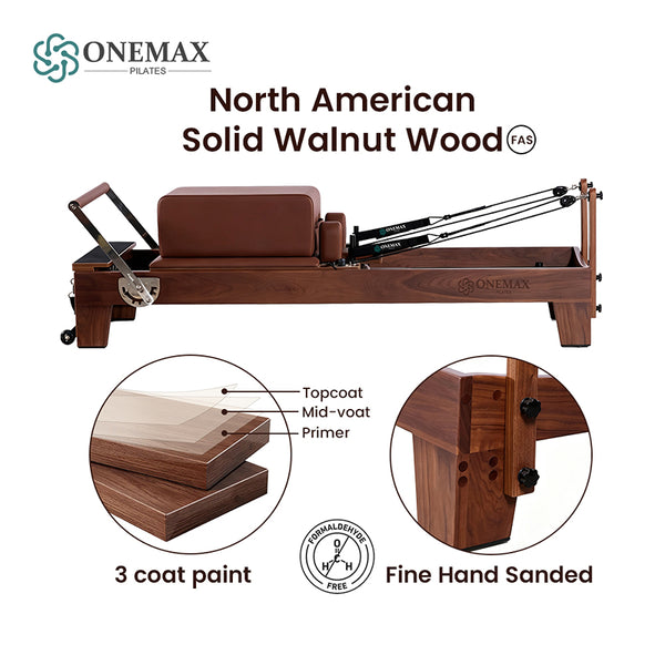 ONEMAX REFORMER Premium Solid Walnut Wood Pilates Reformer Machine Professional Pilates Equipment for Home Gym & Studio