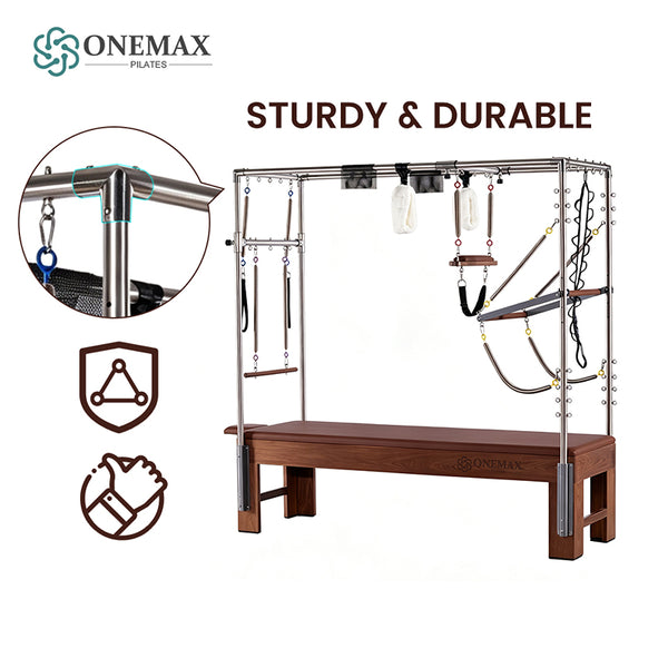 ONEMAX REFORMER Solid North American Walnut Wood Pilates Cadillac Trapeze Table, Commercial & Home Studio Cadillac Bed with Stainless Steel Tower