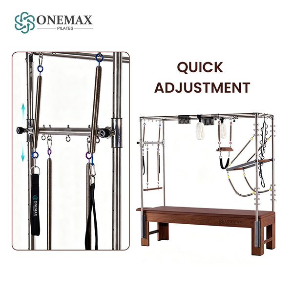 ONEMAX REFORMER Solid North American Walnut Wood Pilates Cadillac Trapeze Table, Commercial & Home Studio Cadillac Bed with Stainless Steel Tower