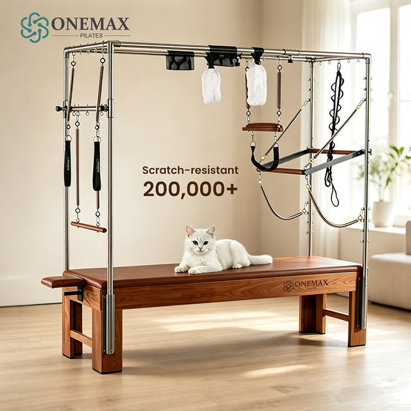 ONEMAX REFORMER Solid North American Walnut Wood Pilates Cadillac Trapeze Table, Commercial & Home Studio Cadillac Bed with Stainless Steel Tower
