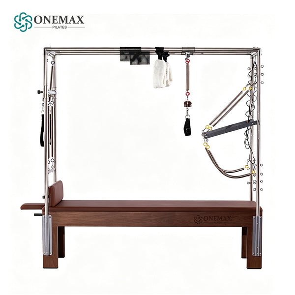 ONEMAX REFORMER Solid North American Walnut Wood Pilates Cadillac Trapeze Table, Commercial & Home Studio Cadillac Bed with Stainless Steel Tower