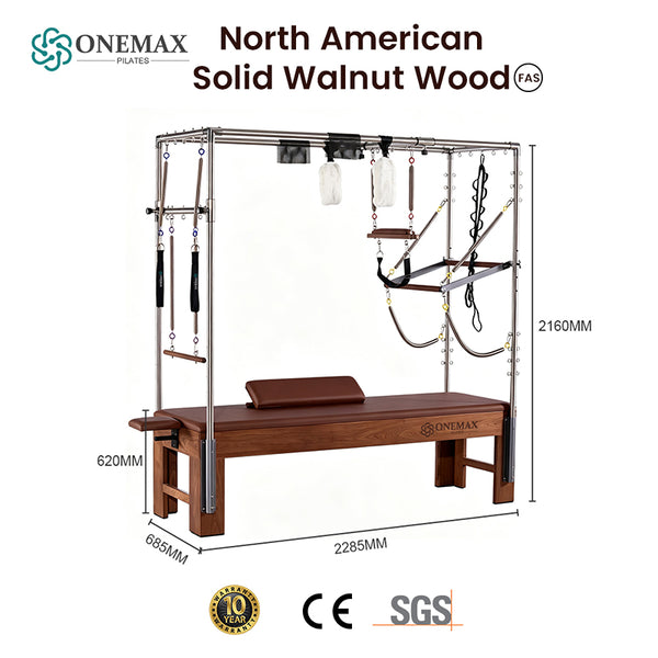 ONEMAX REFORMER Solid North American Walnut Wood Pilates Cadillac Trapeze Table, Commercial & Home Studio Cadillac Bed with Stainless Steel Tower