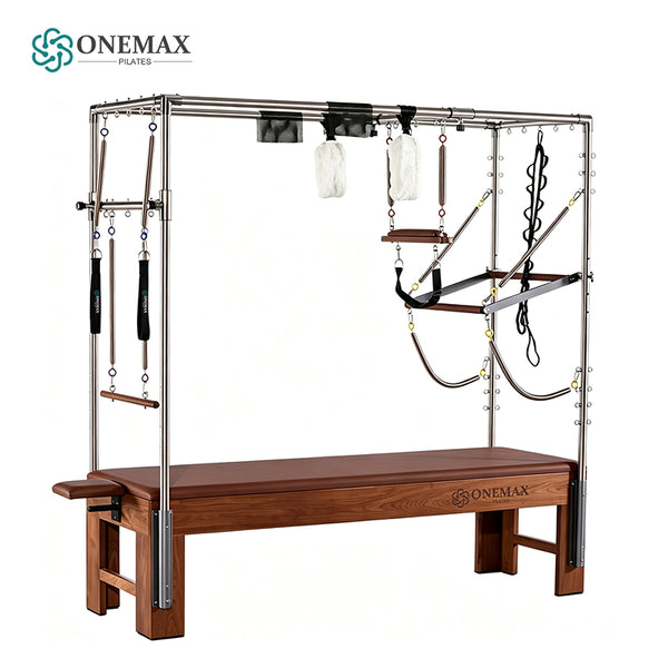 ONEMAX REFORMER Solid North American Walnut Wood Pilates Cadillac Trapeze Table, Commercial & Home Studio Cadillac Bed with Stainless Steel Tower