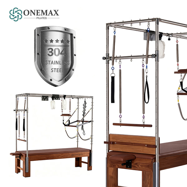 ONEMAX REFORMER Solid North American Walnut Wood Pilates Cadillac Trapeze Table, Commercial & Home Studio Cadillac Bed with Stainless Steel Tower