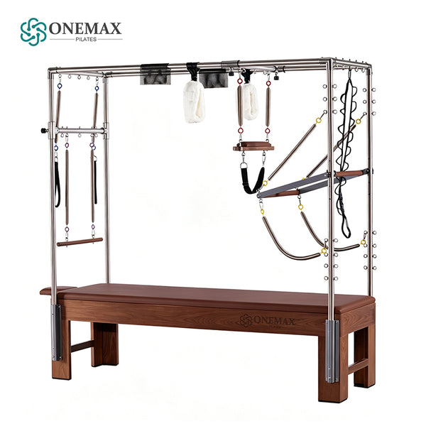 ONEMAX REFORMER Solid North American Walnut Wood Pilates Cadillac Trapeze Table, Commercial & Home Studio Cadillac Bed with Stainless Steel Tower