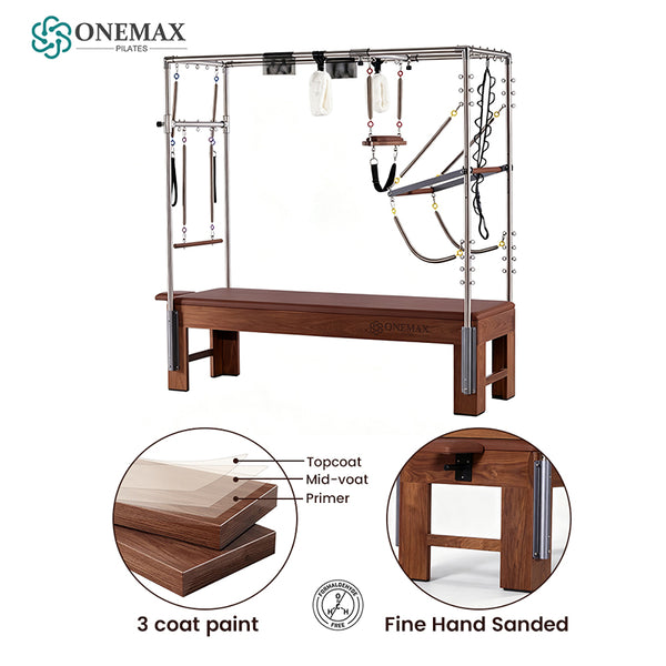 ONEMAX REFORMER Solid North American Walnut Wood Pilates Cadillac Trapeze Table, Commercial & Home Studio Cadillac Bed with Stainless Steel Tower