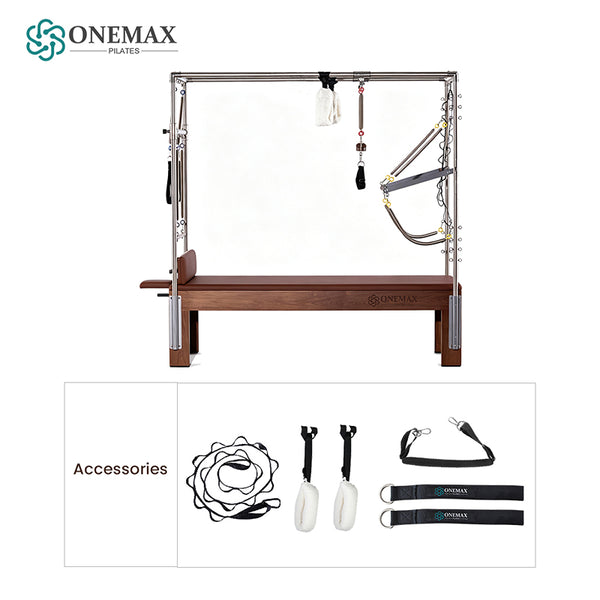 ONEMAX REFORMER Solid North American Walnut Wood Pilates Cadillac Trapeze Table, Commercial & Home Studio Cadillac Bed with Stainless Steel Tower