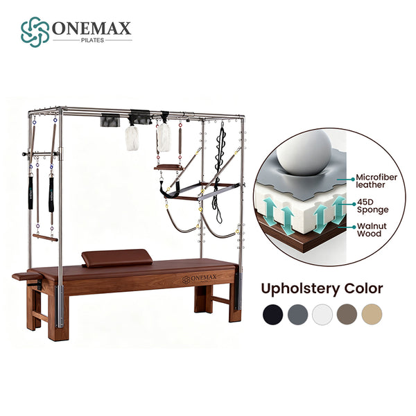 ONEMAX REFORMER Solid North American Walnut Wood Pilates Cadillac Trapeze Table, Commercial & Home Studio Cadillac Bed with Stainless Steel Tower